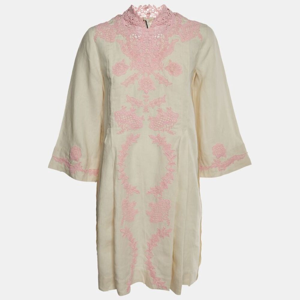 Gucci White/pink Linen And Lace Kaftan Mini Dress Xs